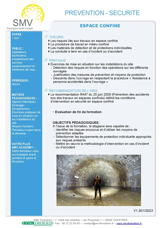 Fiche programme de la formation Espace confiné : durée, public, prérequis, objectifs pédagogiques et contenu