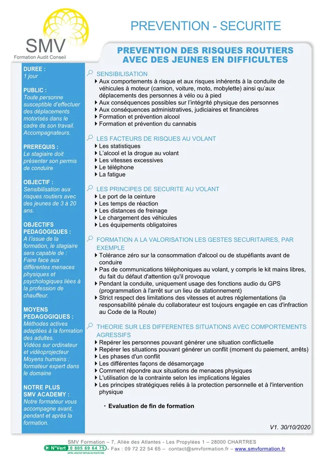 Fiche programme de la formation Prévention des risques routiers avec des jeunes en difficulté : durée, public, prérequis, objectifs pédagogiques et contenu