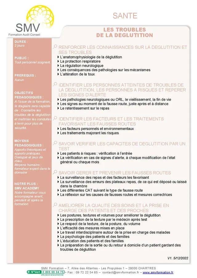 Fiche programme de la formation Les Troubles de la déglutition 2 jours : durée, public, prérequis, objectifs pédagogiques et contenu