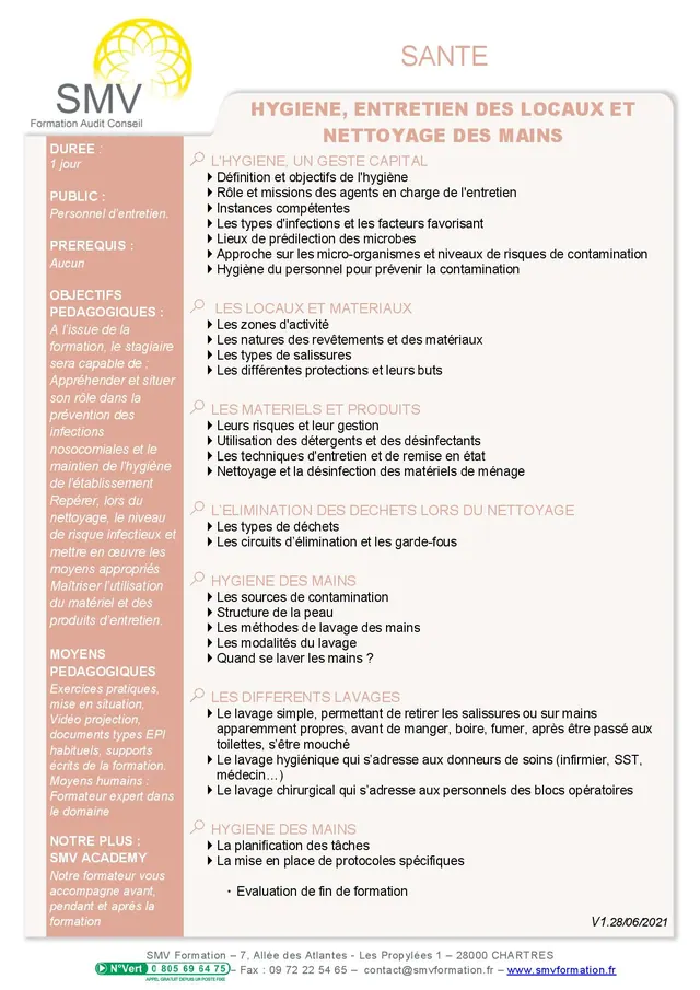 Fiche programme de la formation Hygiene entretien des locaux et nettoyage des mains : durée, public, prérequis, objectifs pédagogiques et contenu