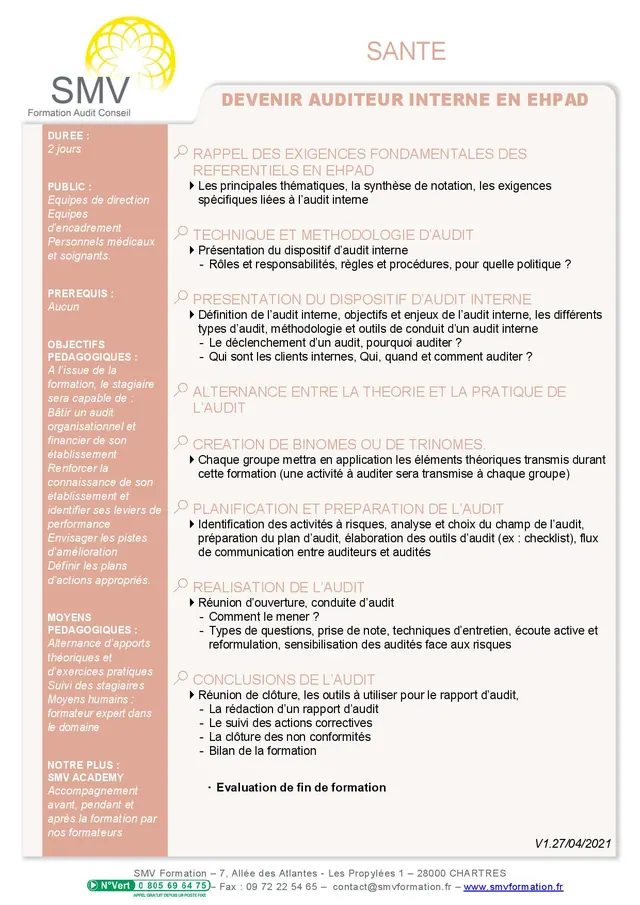 Fiche programme de la formation Devenir auditeur interne en EHPAD : durée, public, prérequis, objectifs pédagogiques et contenu