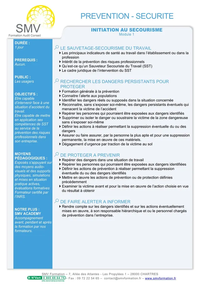 Fiche programme de la formation Initiation Secourisme module 1 : durée, public, prérequis, objectifs pédagogiques et contenu