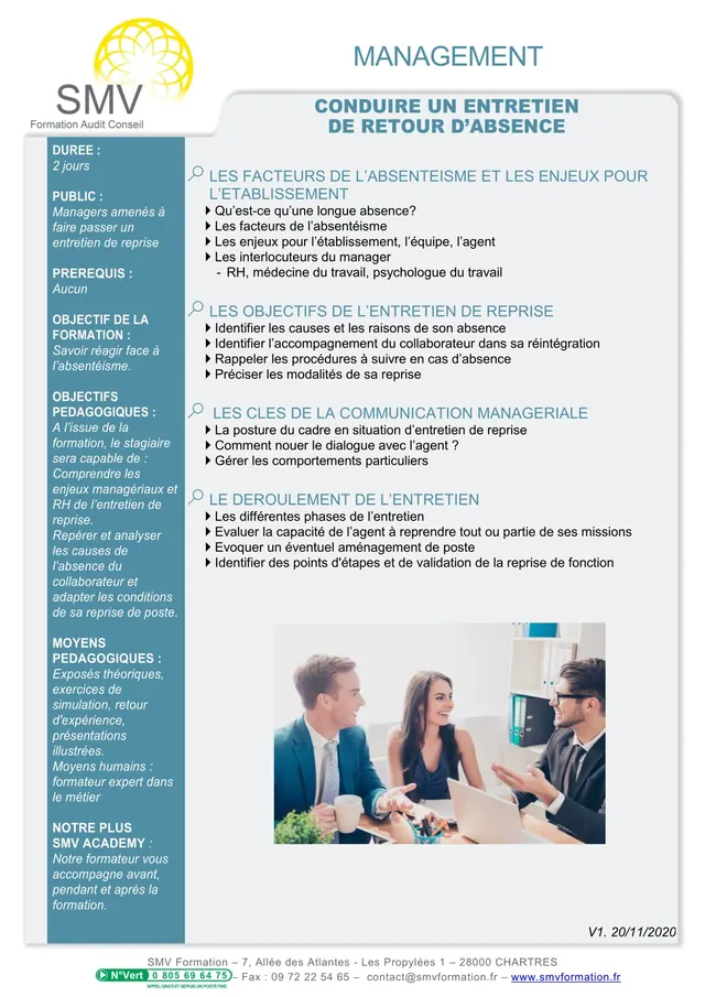 Fiche programme de la formation Conduire un entretien de retour d’absence : durée, public, prérequis, objectifs pédagogiques et contenu