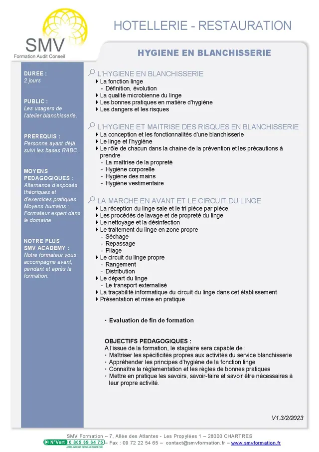 Fiche programme de la formation Hygiene en blanchisserie : durée, public, prérequis, objectifs pédagogiques et contenu