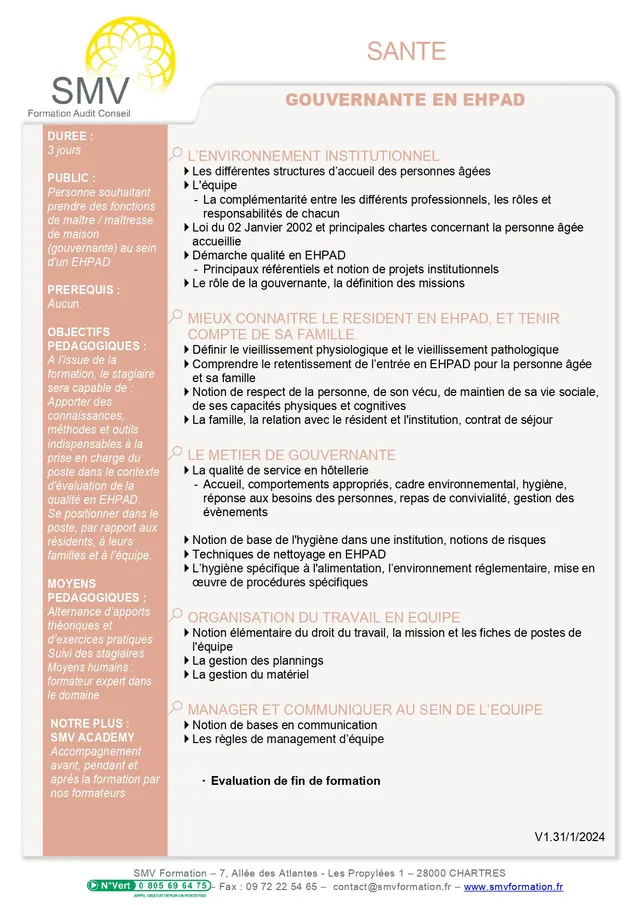 Fiche programme de la formation Gouvernante en EHPAD : durée, public, prérequis, objectifs pédagogiques et contenu