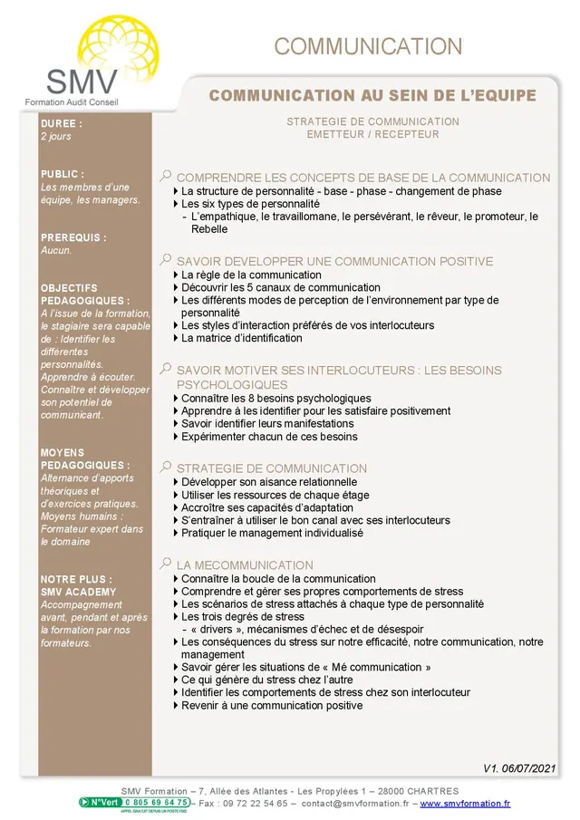 Fiche programme de la formation La Communication au sein de l’équipe 2 jours : durée, public, prérequis, objectifs pédagogiques et contenu