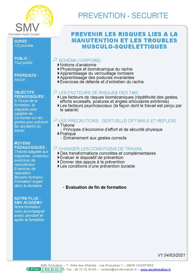 Fiche programme de la formation Prévenir les risques liés à la manutention et les troubles musculosquelettiques demi-journée : durée, public, prérequis, objectifs pédagogiques et contenu