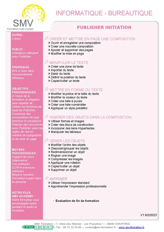 Fiche programme de la formation Publisher Initiation : durée, public, prérequis, objectifs pédagogiques et contenu