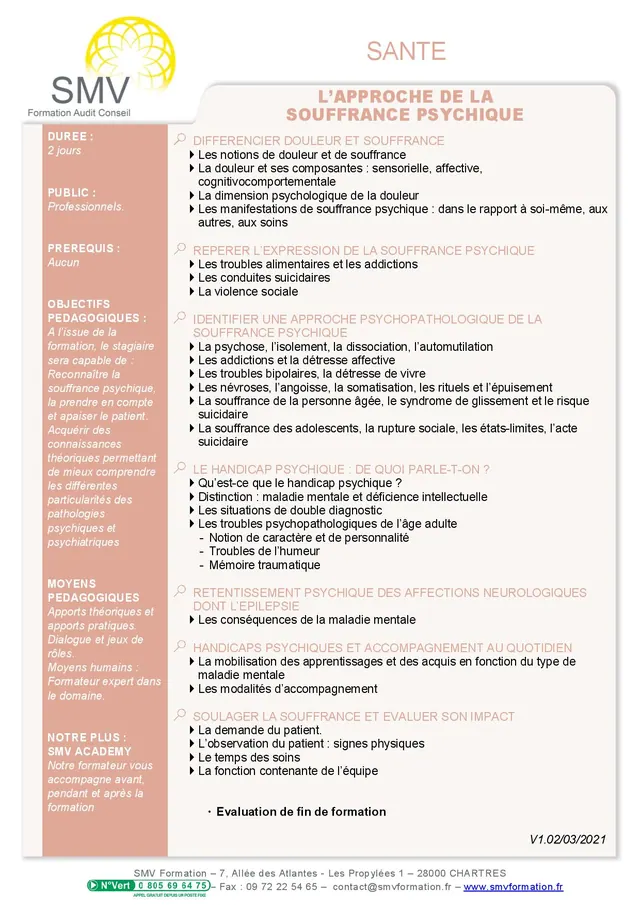 Fiche programme de la formation L’approche de la souffrance psychique : durée, public, prérequis, objectifs pédagogiques et contenu