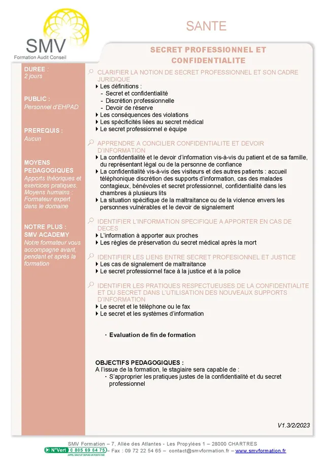 Fiche programme de la formation Secret professionnel et confidentialité : durée, public, prérequis, objectifs pédagogiques et contenu