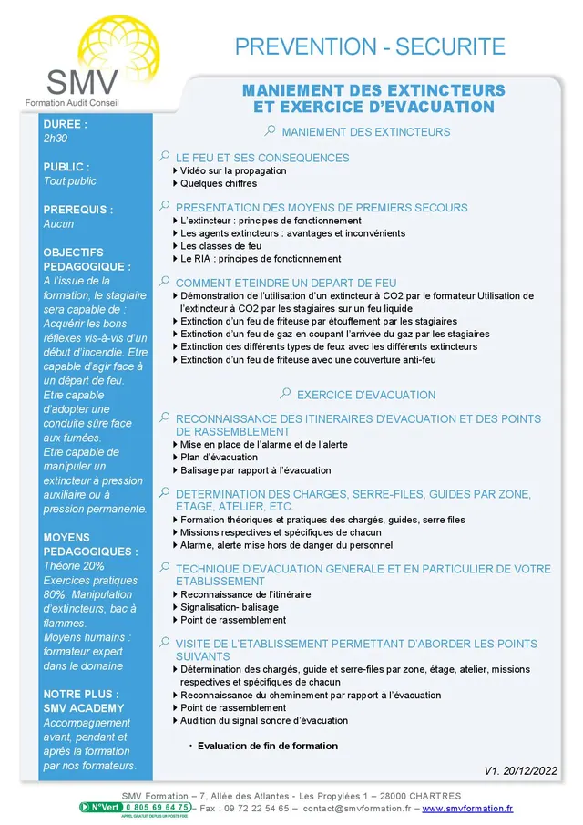 Fiche programme de la formation Maniement des extincteurs et exercice d’évacuation 2h30 : durée, public, prérequis, objectifs pédagogiques et contenu