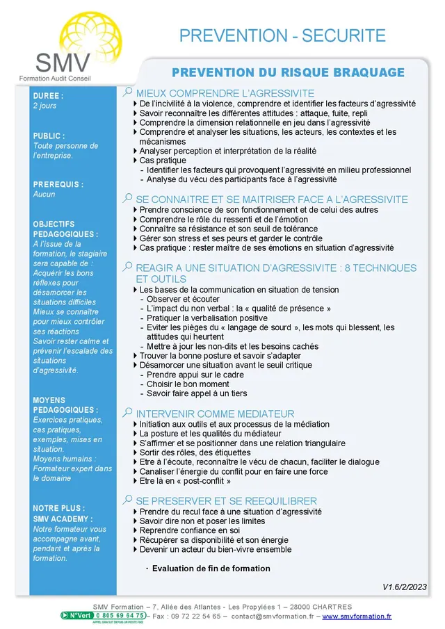 Fiche programme de la formation Prévention du risque braquage : durée, public, prérequis, objectifs pédagogiques et contenu