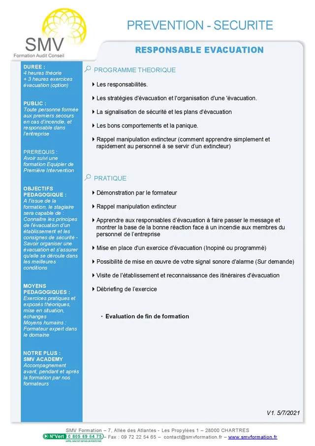 Fiche programme de la formation Responsable Evacuation : durée, public, prérequis, objectifs pédagogiques et contenu