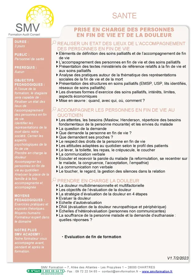 Fiche programme de la formation Prise en charge des personnes en fin de vie et de la douleur : durée, public, prérequis, objectifs pédagogiques et contenu
