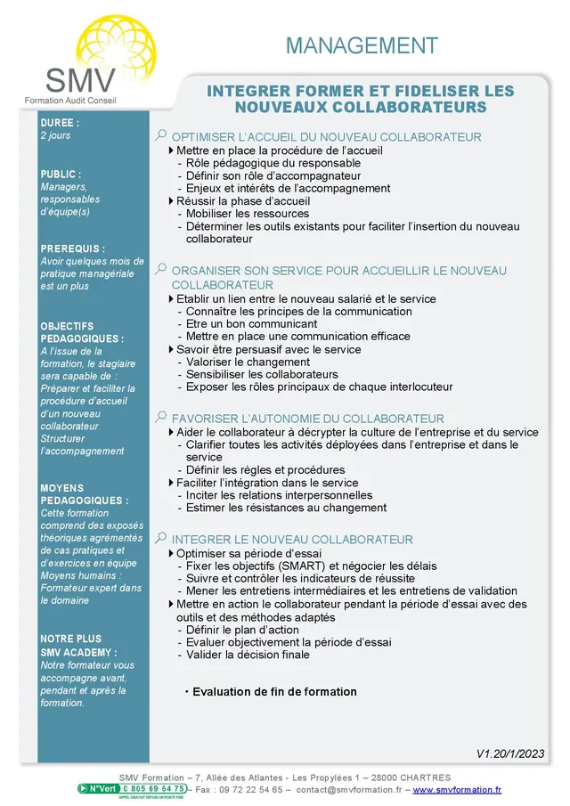 Fiche programme de la formation Intégrer, former et fidéliser les nouveaux collaborateurs : durée, public, prérequis, objectifs pédagogiques et contenu