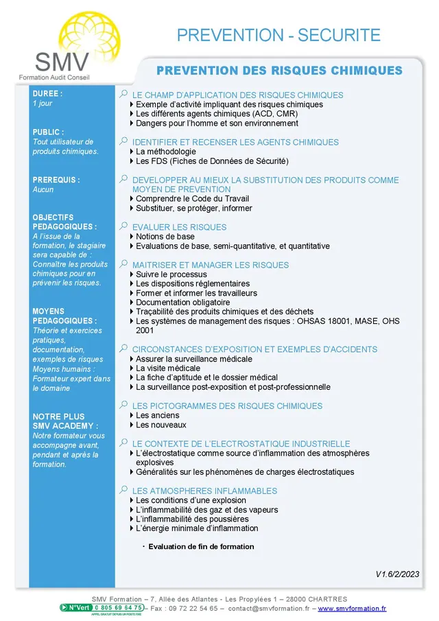 Fiche programme de la formation Prévention des risques chimiques : durée, public, prérequis, objectifs pédagogiques et contenu