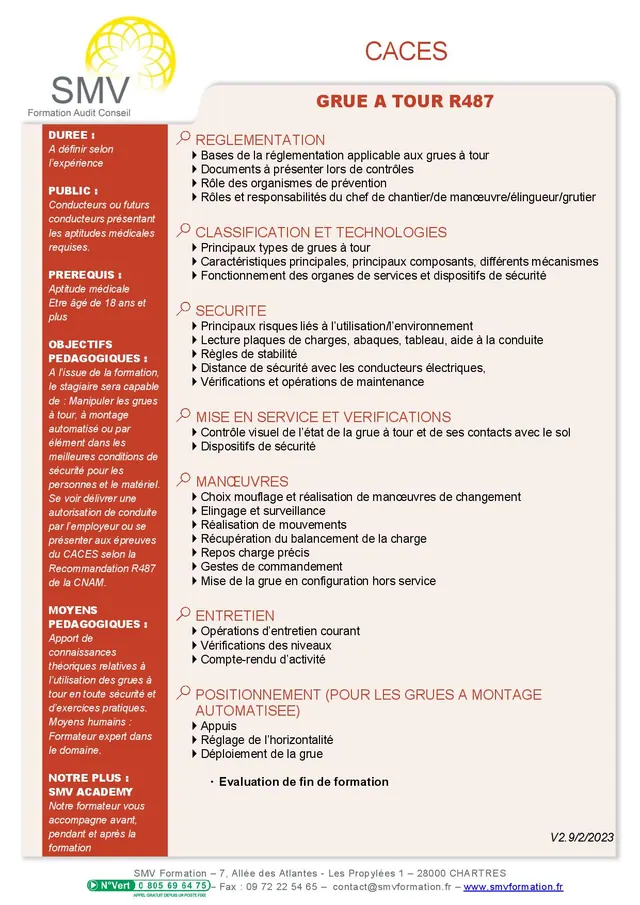 Fiche programme de la formation CACES Grue à tour R487 : durée, public, prérequis, objectifs pédagogiques et contenu