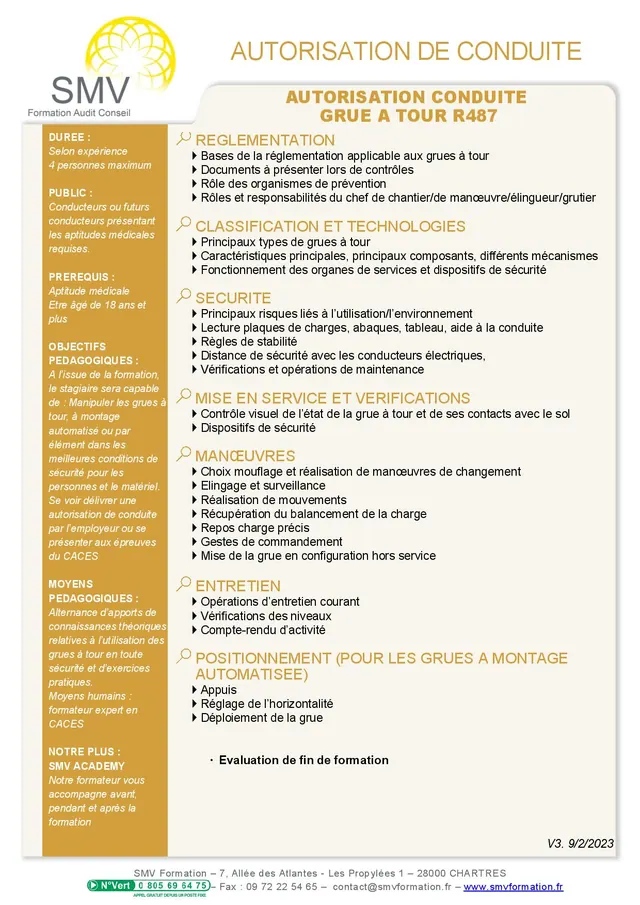 Fiche programme de la formation Autorisation de conduite Grue à tour R487 : durée, public, prérequis, objectifs pédagogiques et contenu
