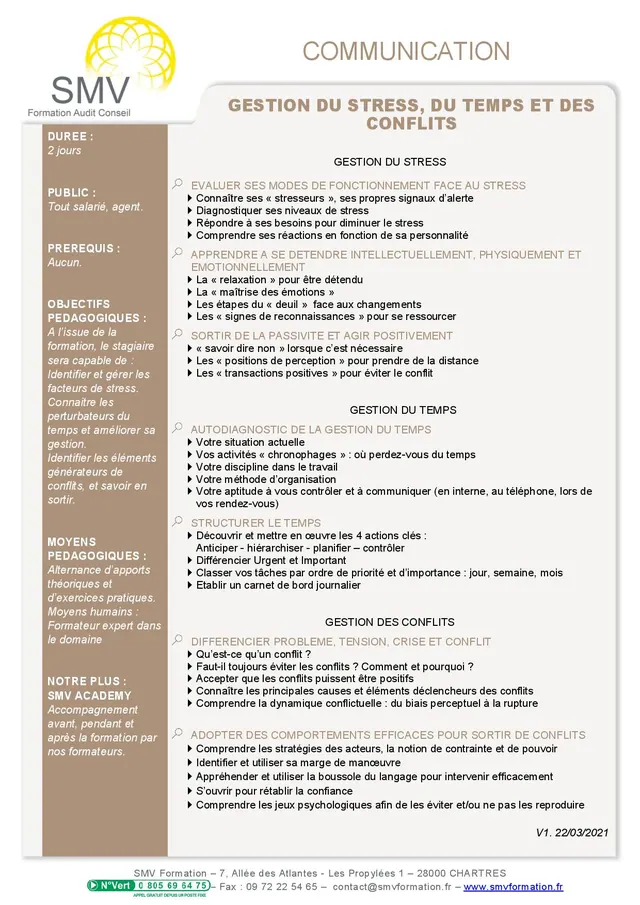 Fiche programme de la formation Gestion du Stress du Temps et des Conflits : durée, public, prérequis, objectifs pédagogiques et contenu