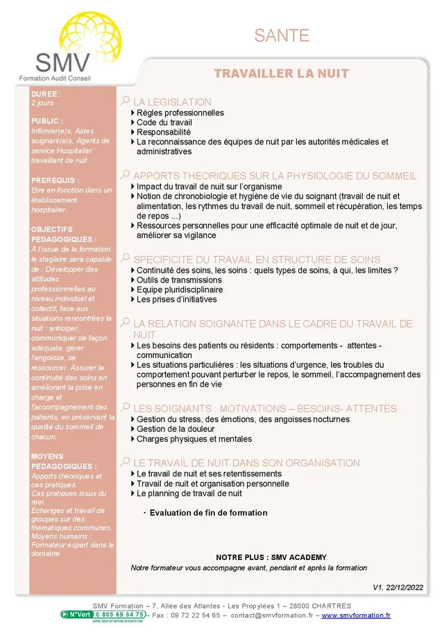 Fiche programme de la formation Travailler de nuit : durée, public, prérequis, objectifs pédagogiques et contenu