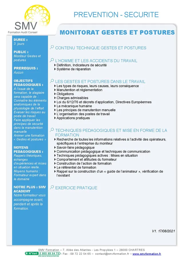 Fiche programme de la formation Monitorat Gestes et Postures 3 jours : durée, public, prérequis, objectifs pédagogiques et contenu