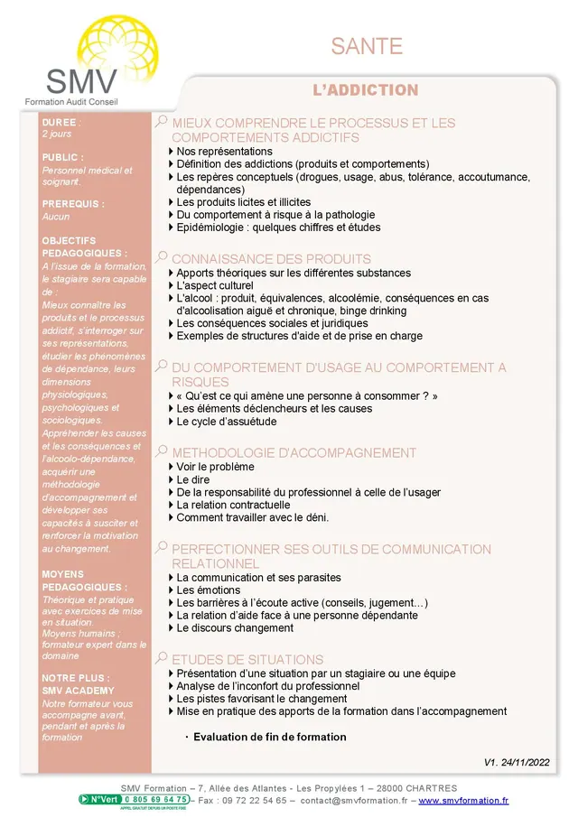 Fiche programme de la formation L’addiction : durée, public, prérequis, objectifs pédagogiques et contenu