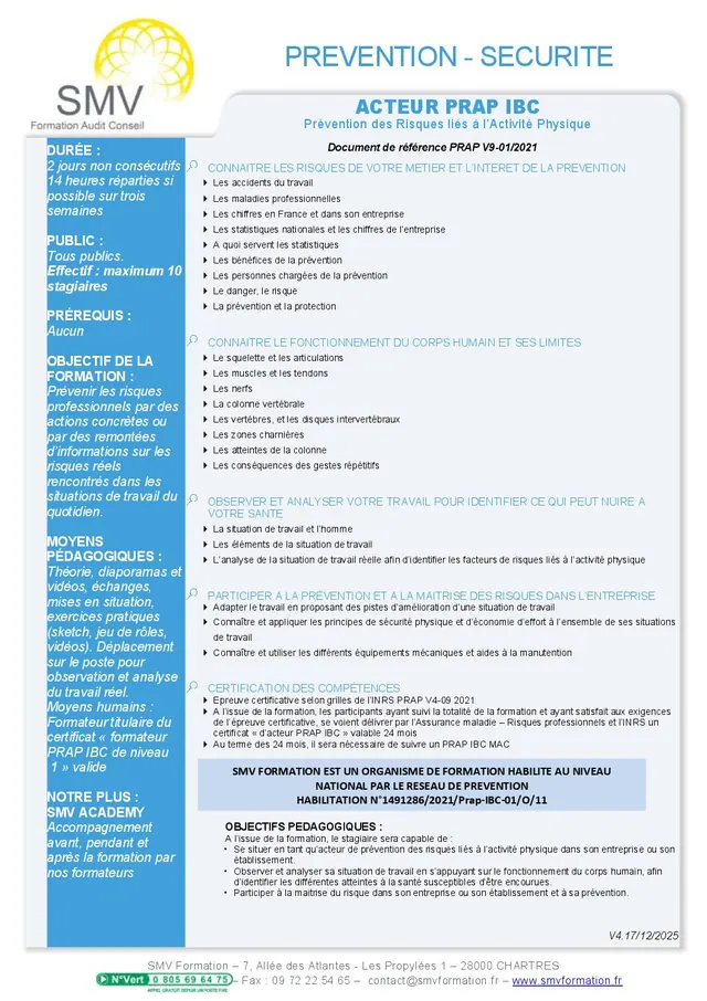 Fiche programme de la formation Acteur Prap IBC : durée, public, prérequis, objectifs pédagogiques et contenu