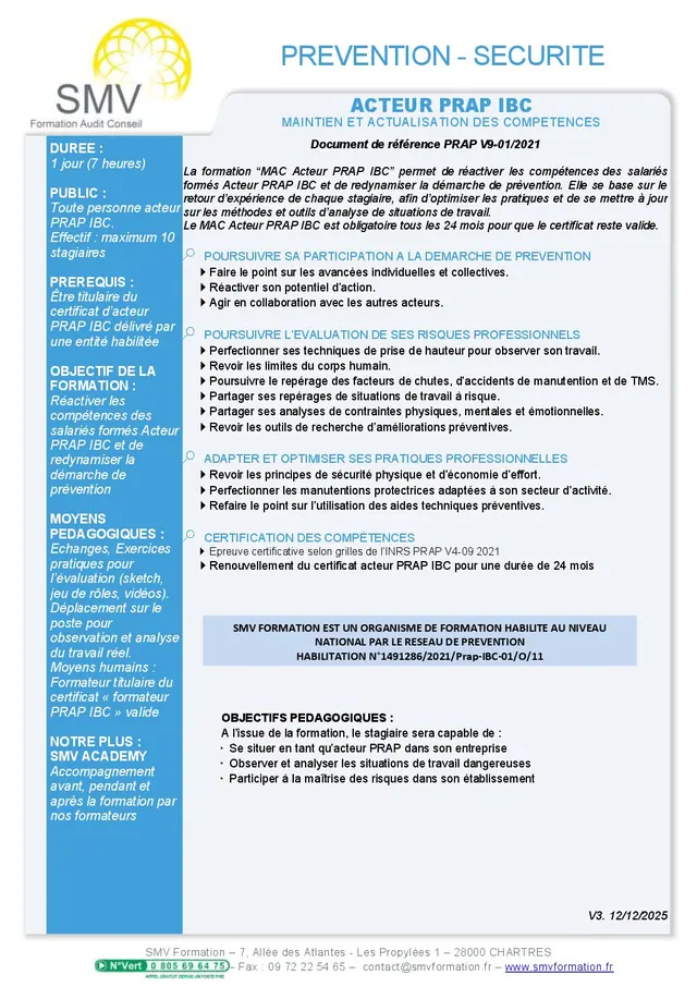 Fiche programme de la formation Acteur Prap IBC Mac : durée, public, prérequis, objectifs pédagogiques et contenu