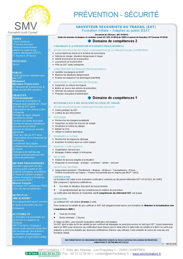 Fiche programme de la formation Sauveteur Secouriste du Travail ESAT 3 a 4 jours : durée, public, prérequis, objectifs pédagogiques et contenu