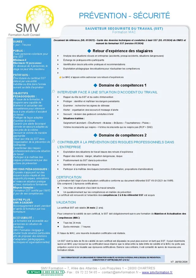 Fiche programme de la formation Sauveteur Secouriste du Travail MAC : durée, public, prérequis, objectifs pédagogiques et contenu